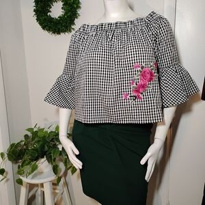 Iris Black and White Gingham Blouse with Pink Floral Embroidery Detail